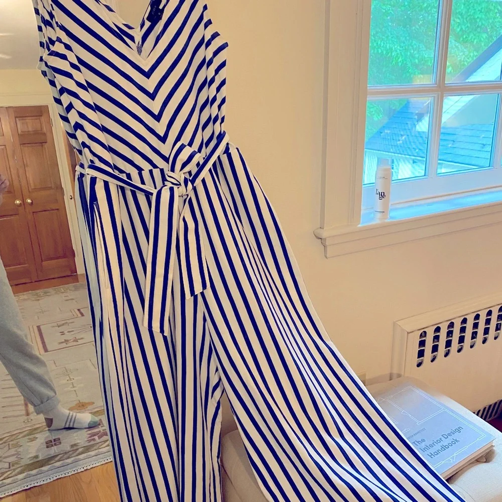 J. Crew Blue & White Striped Wide Leg Romper - Picture 6 of 6
